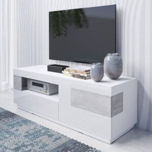 Sioux High Gloss TV Stand 1 Door 2 Drawers In White Concrete
