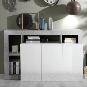 Hanmer White High Gloss Sideboard With 3 Doors In Cement