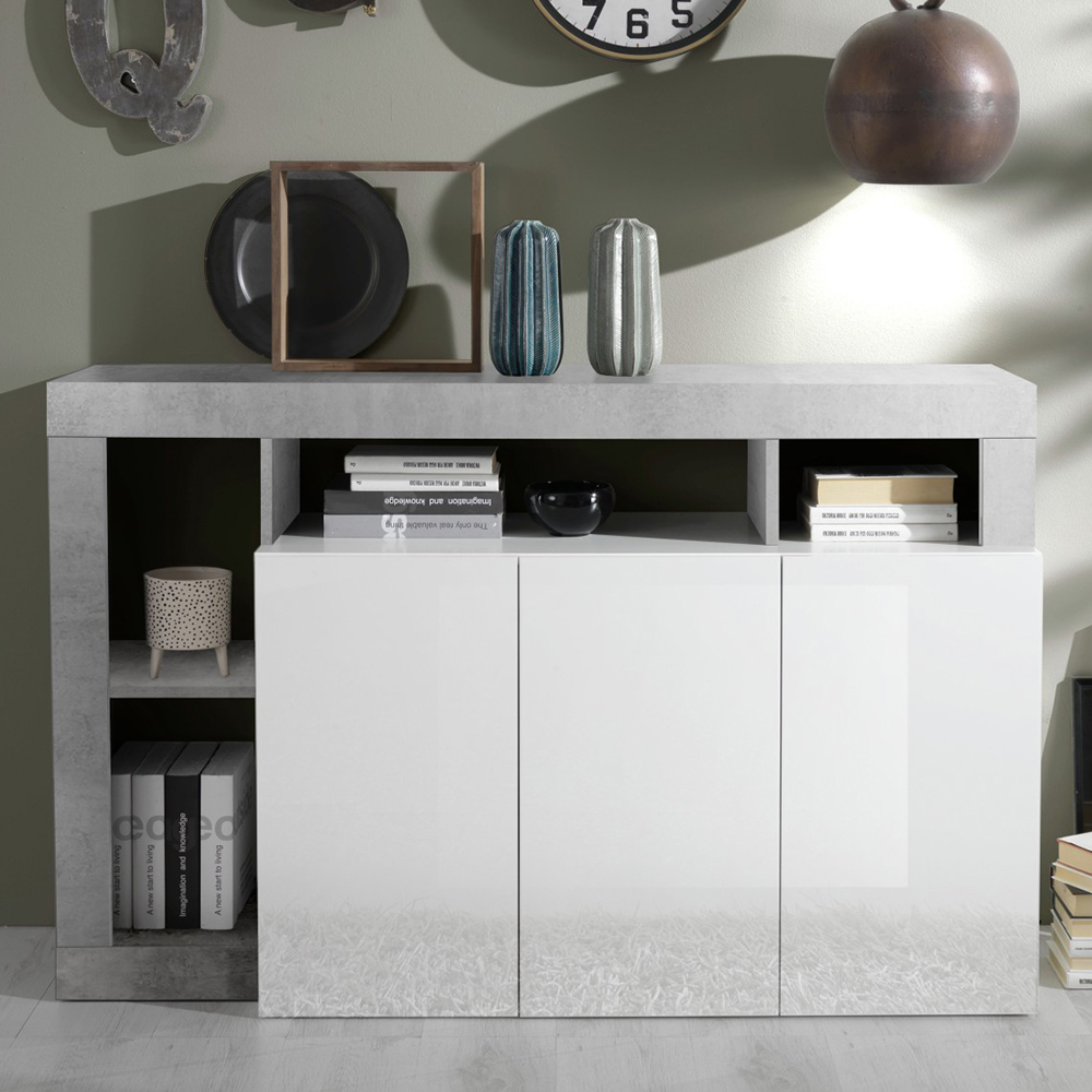 Hanmer White High Gloss Sideboard With 3 Doors In Cement