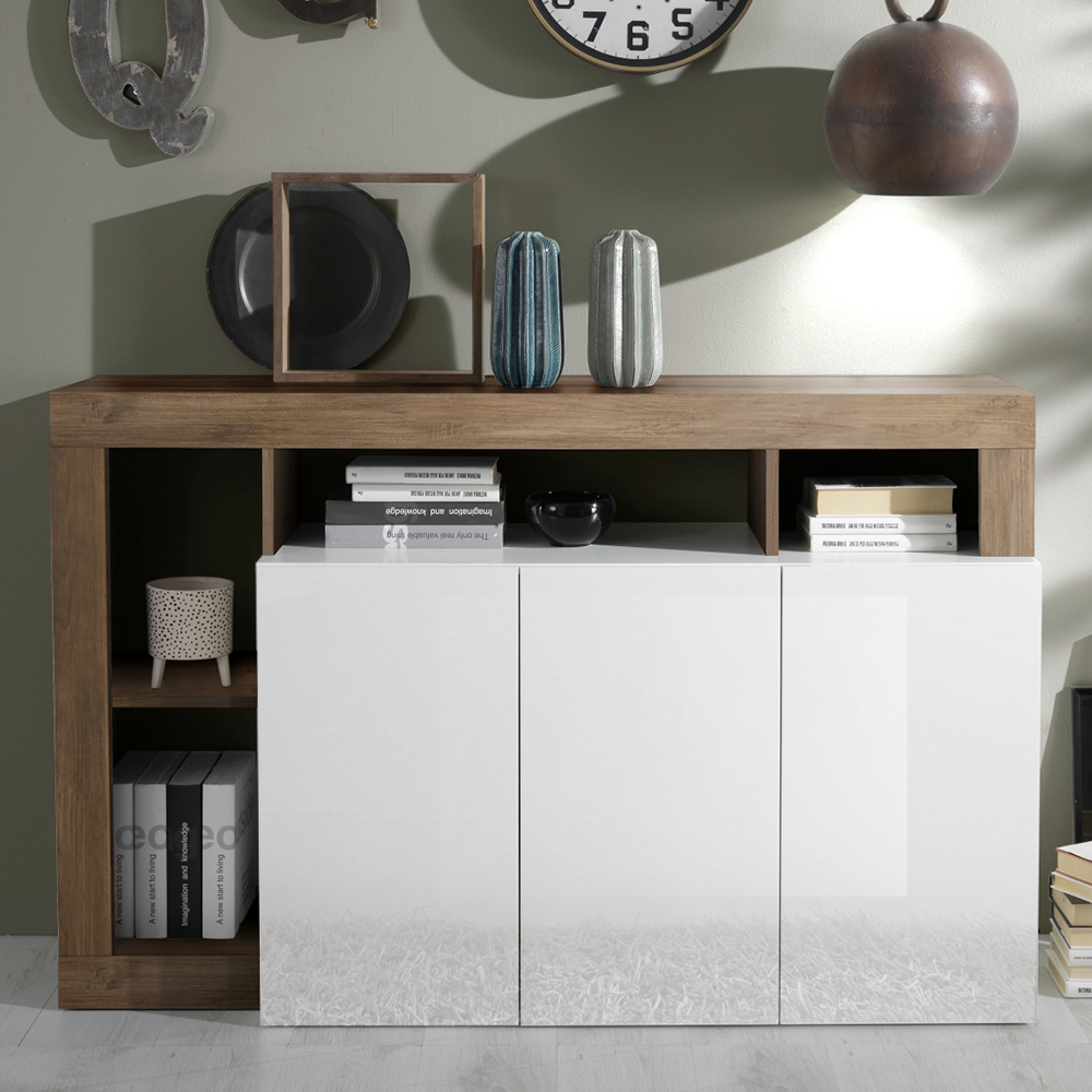 Hanmer White High Gloss Sideboard With 3 Doors In Mercure