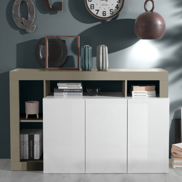 Hanmer White High Gloss Sideboard With 3 Doors In Pewter