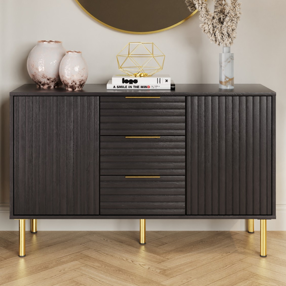 Natick Wooden Sideboard With 2 Doors 3 Drawers In Black