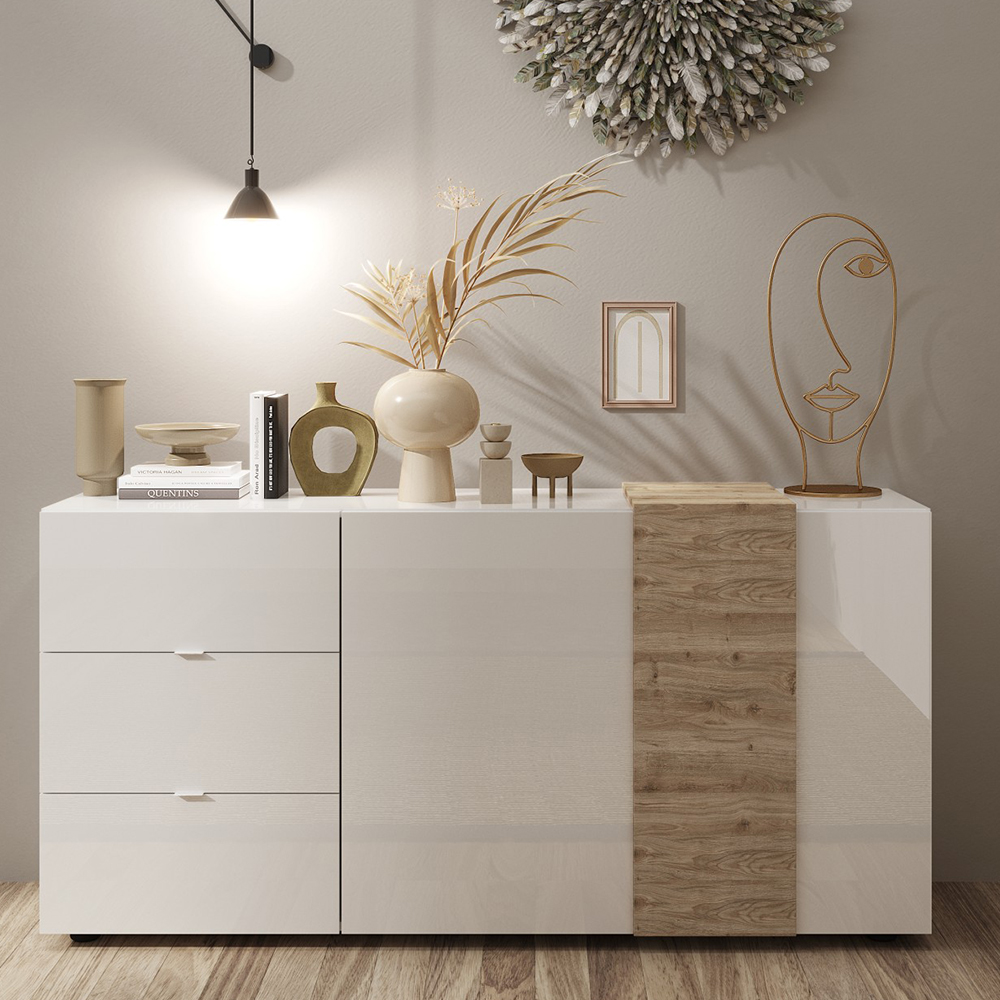 Venice White High Gloss Sideboard 2 Doors 3 Drawers In Cadiz Oak
