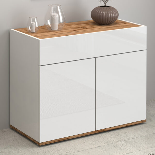 Girard High Gloss Sideboard With 2 Doors 1 Drawer In White And Wotan Oak