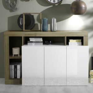 Hanmer White High Gloss Sideboard With 3 Doors In Cadiz Oak